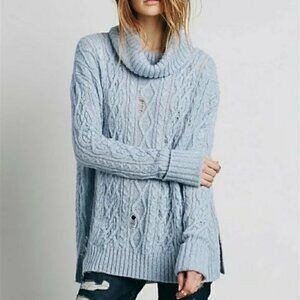 Free People Blue Distressed Complex Cabled Knit Cowl Turtleneck Sweater Size S